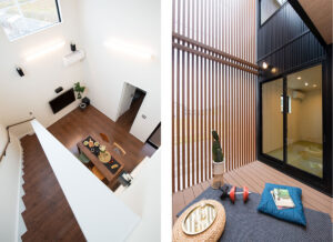 吹抜+中庭を設けたデザイン住宅。正面から見るとモダン住宅