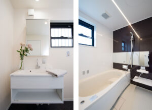 吹抜+中庭を設けたデザイン住宅。正面から見るとモダン住宅